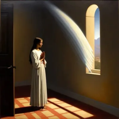  The Annunciation –  Mystical Revelation Through Celestial Light and Gentle Gesture